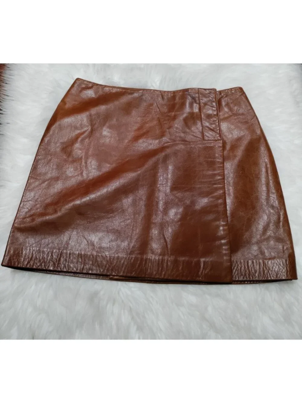 Hugo Buscati 100% Leather Antique 70s Style Brown A-Line Wrap Mini Skirt Size 6 - Picture 4 of 16